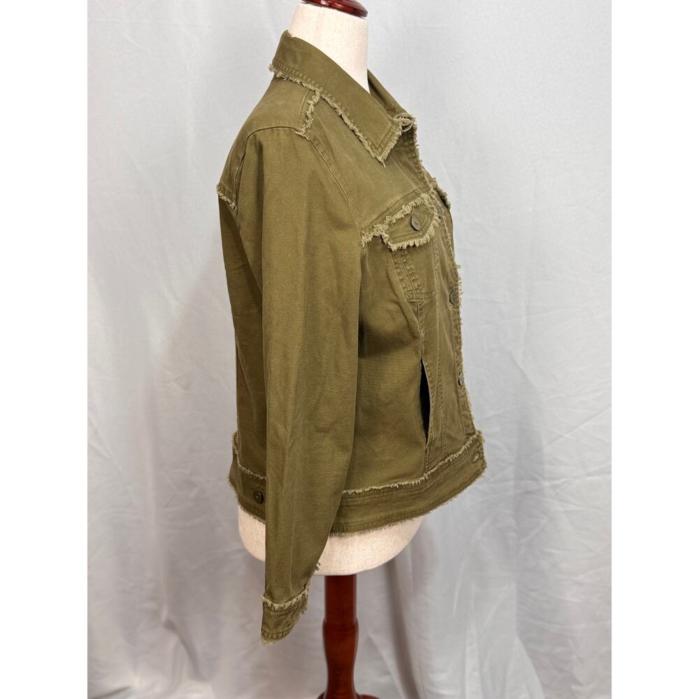 Habitat olive green denim jacket frayed edge cotton stretch pockets fall Sz M - Picture 3 of 9